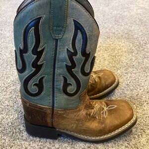 Cowboy Legend Kids 11 Brown Teal Leather Western Flame Square Toe Boots Rodeo